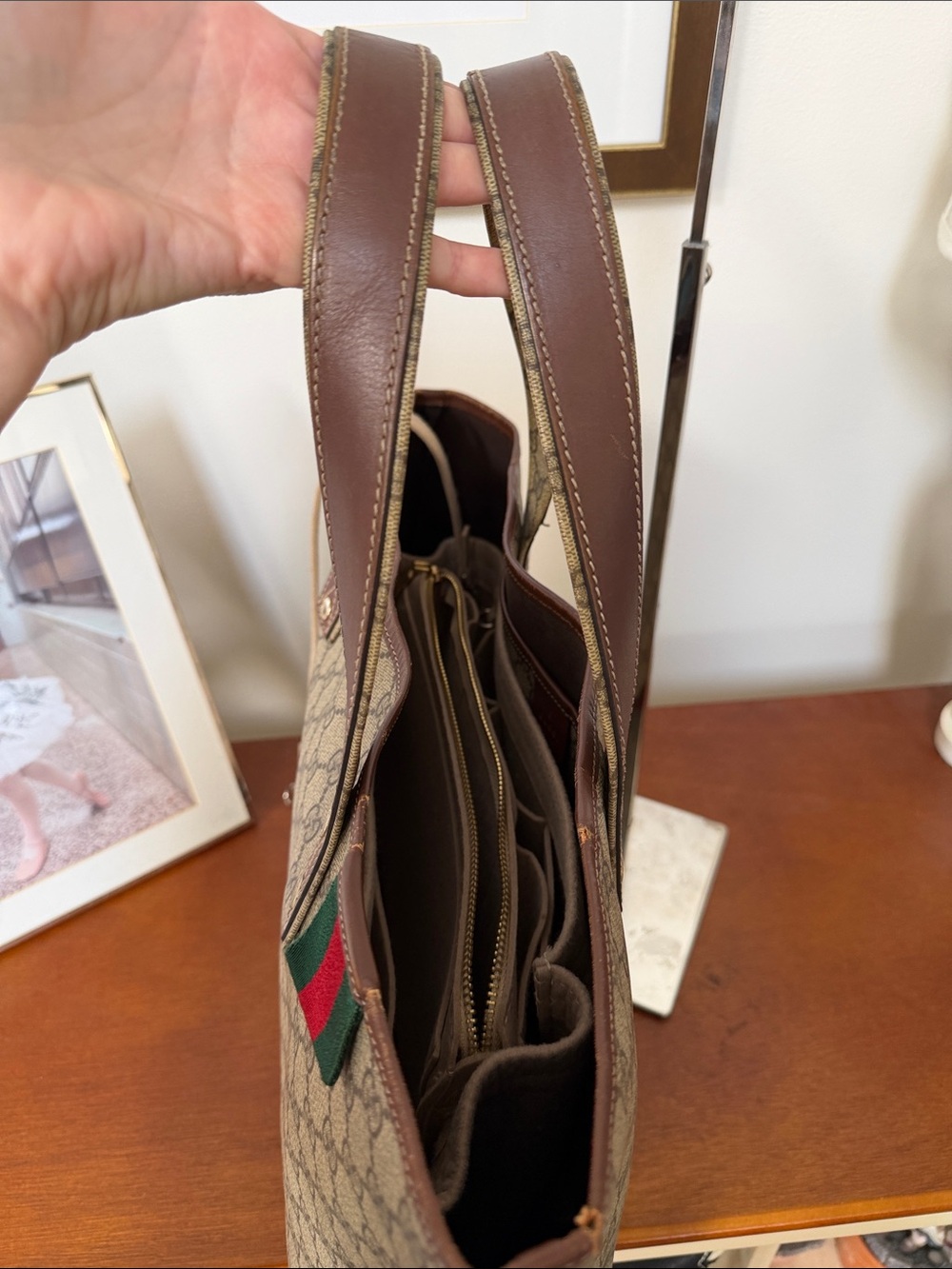 Gucci Beige GG Coated Canvas Tote with Brown Leather Handles - Picture 12 of 16